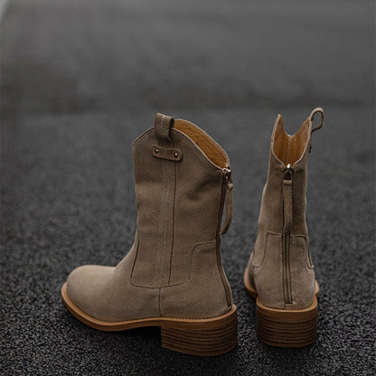 Women's Block Heel Suede Leather Short Boots Back Zipper