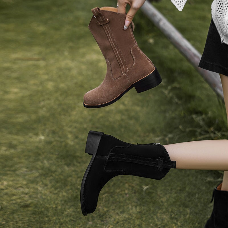 Women's Block Heel Suede Leather Short Boots Back Zipper