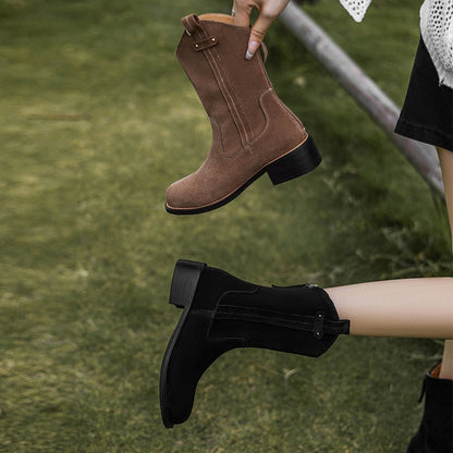 Women's Block Heel Suede Leather Short Boots Back Zipper