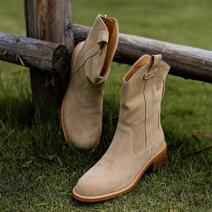Women's Block Heel Suede Leather Short Boots Back Zipper