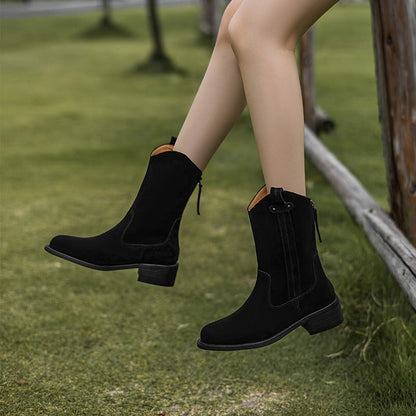 Women's Block Heel Suede Leather Short Boots Back Zipper