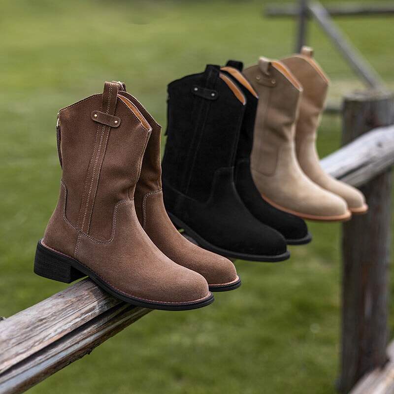 Women's Block Heel Suede Leather Short Boots Back Zipper