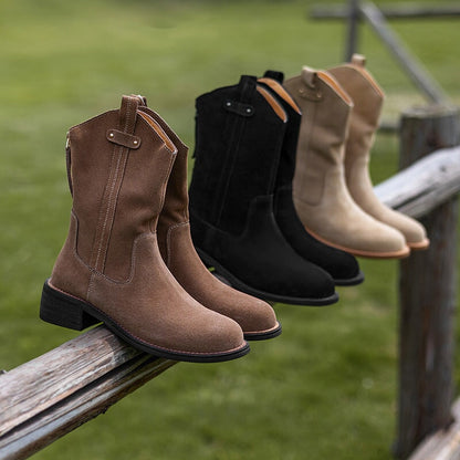 Women's Block Heel Suede Leather Short Boots Back Zipper