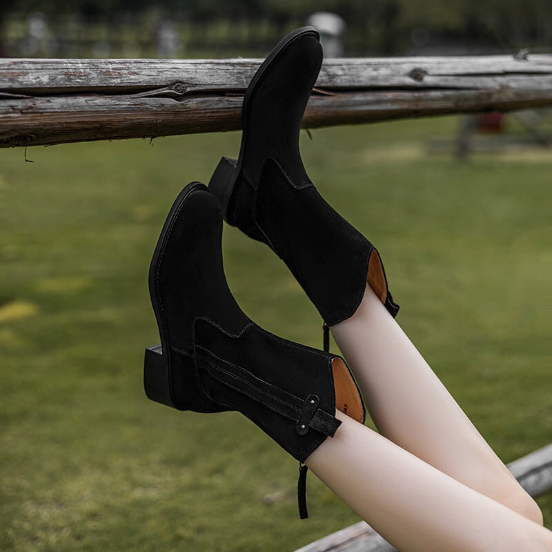 Women's Block Heel Suede Leather Short Boots Back Zipper
