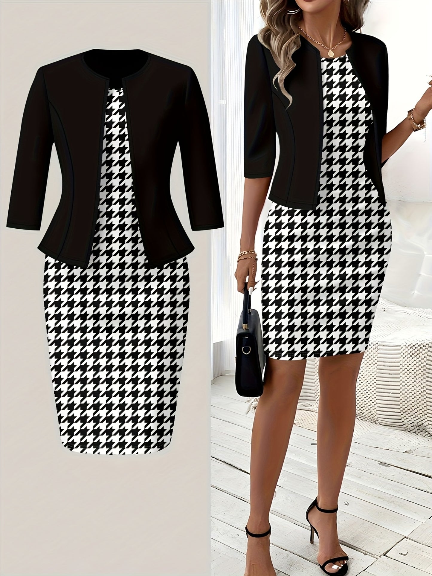 Houndstooth Knit Round Neck Dress Set
