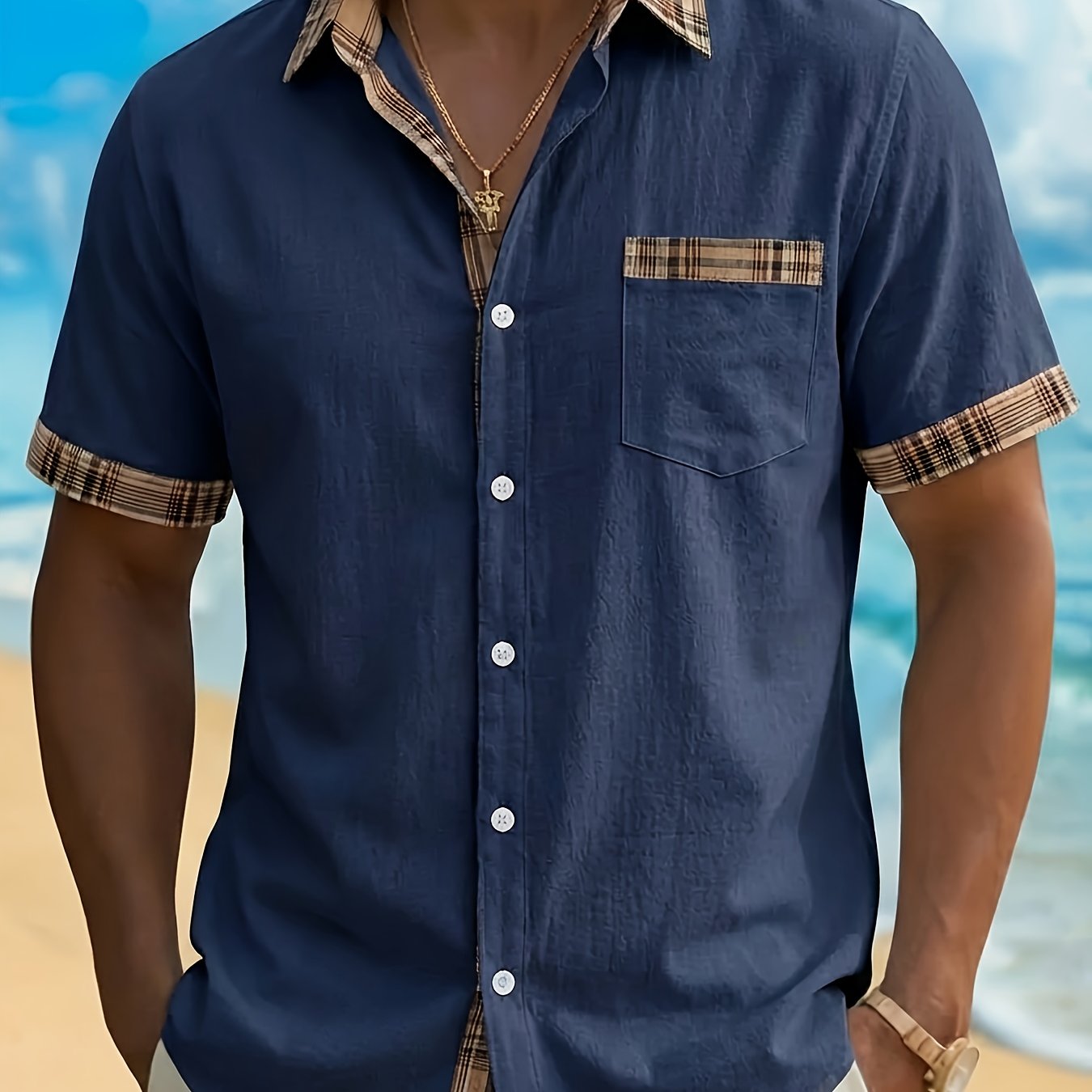 Plaid Patchwork Pocket Short Sleeve Shirt