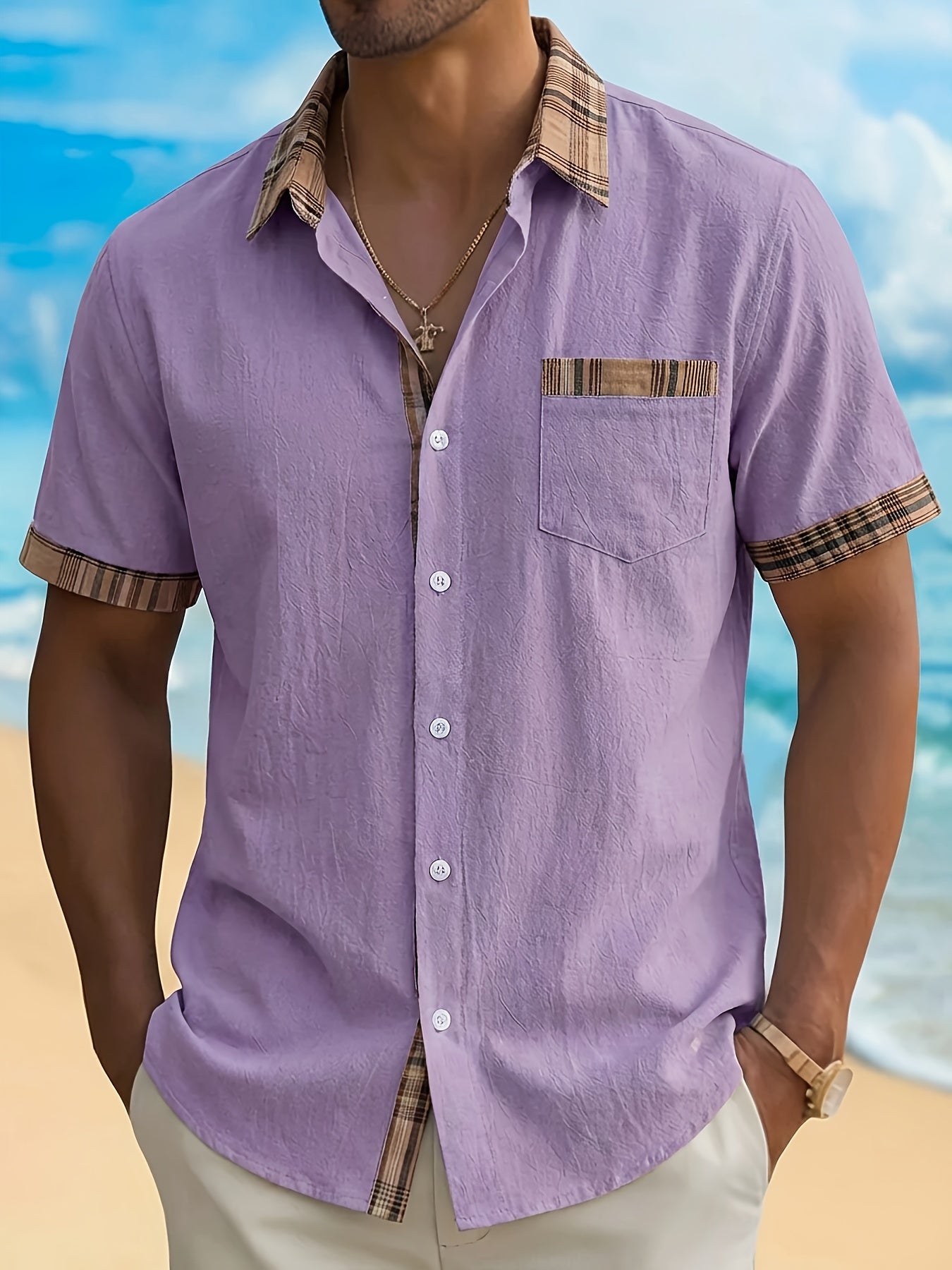 Plaid Patchwork Pocket Short Sleeve Shirt