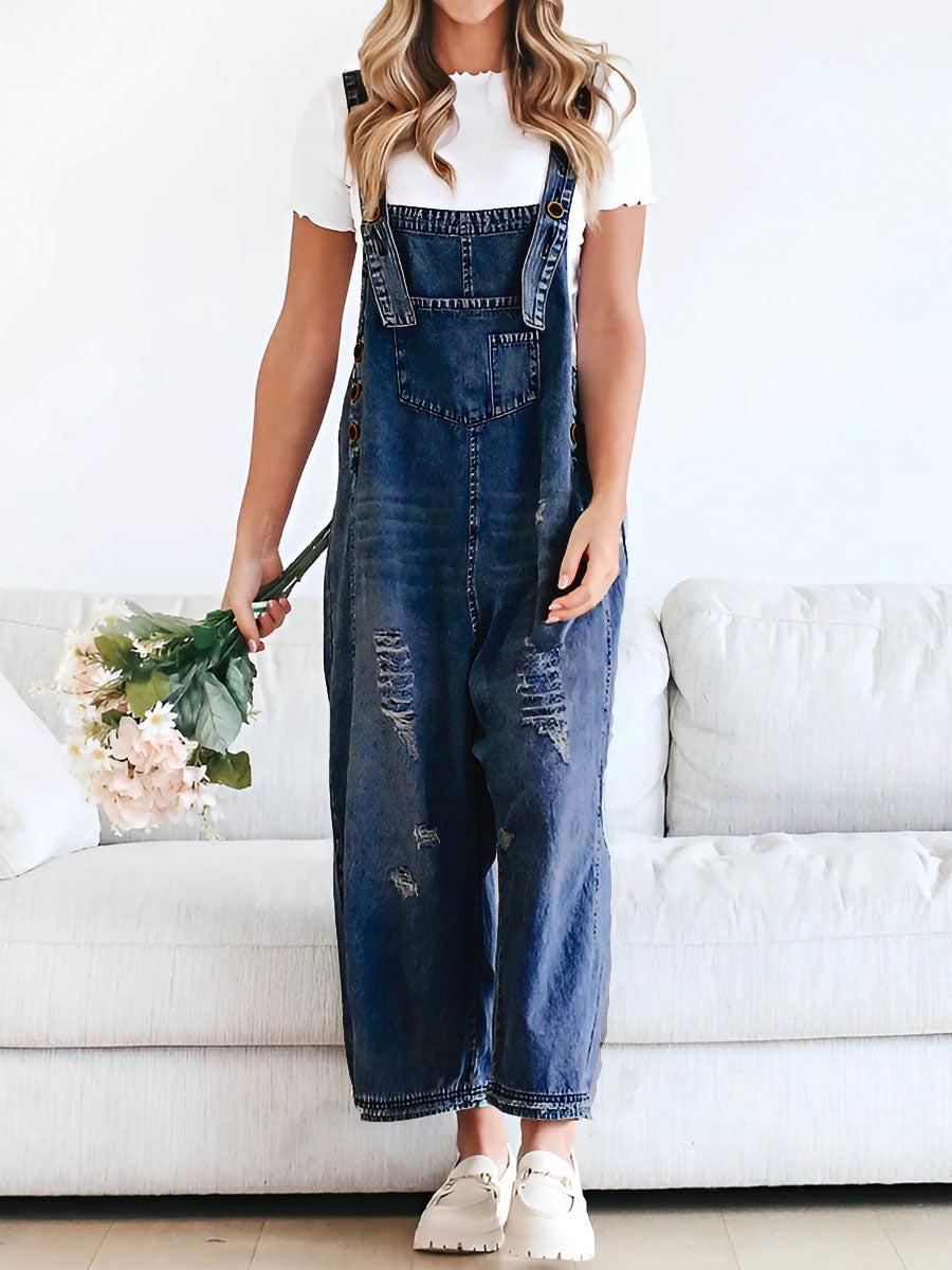 Luxury Distressed Washed Denim Overall Jumpsuit