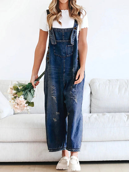 Luxury Distressed Washed Denim Overall Jumpsuit