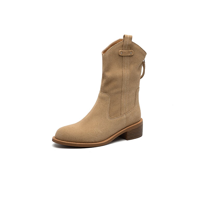 Women's Block Heel Suede Leather Short Boots Back Zipper