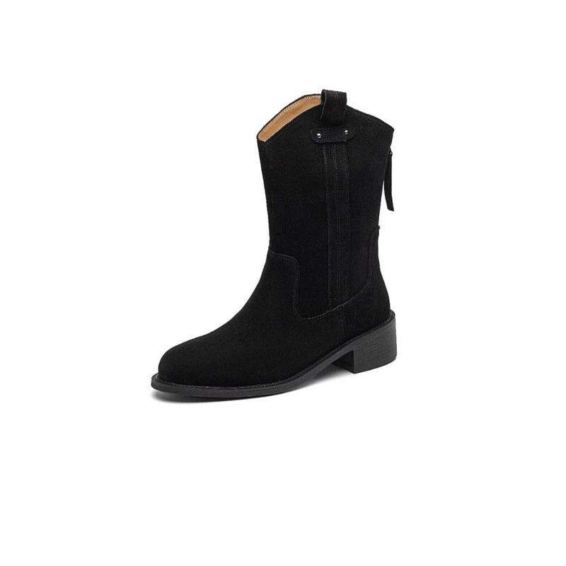 Women's Block Heel Suede Leather Short Boots Back Zipper
