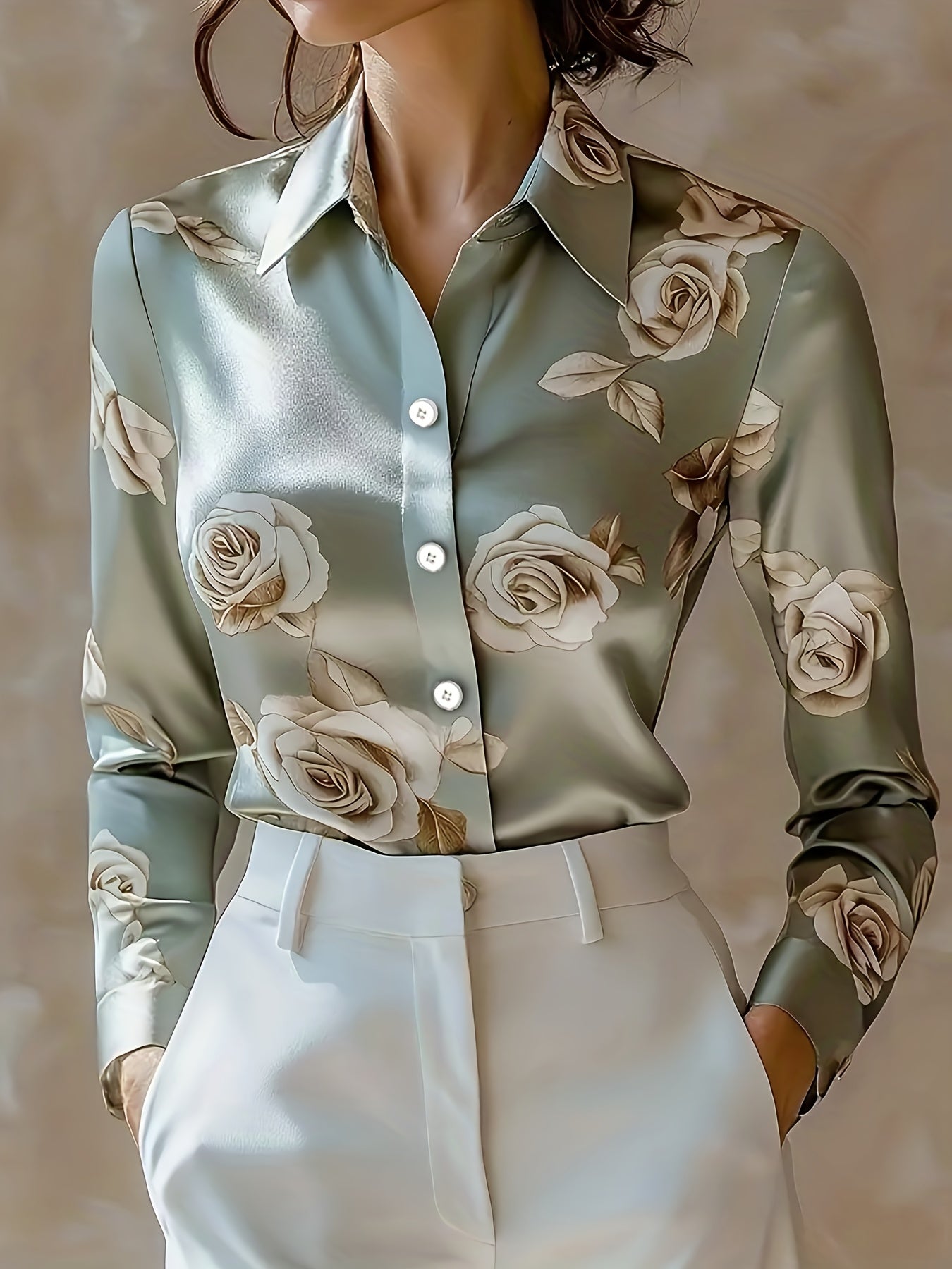 Satin Print Lapel Button Shirt
