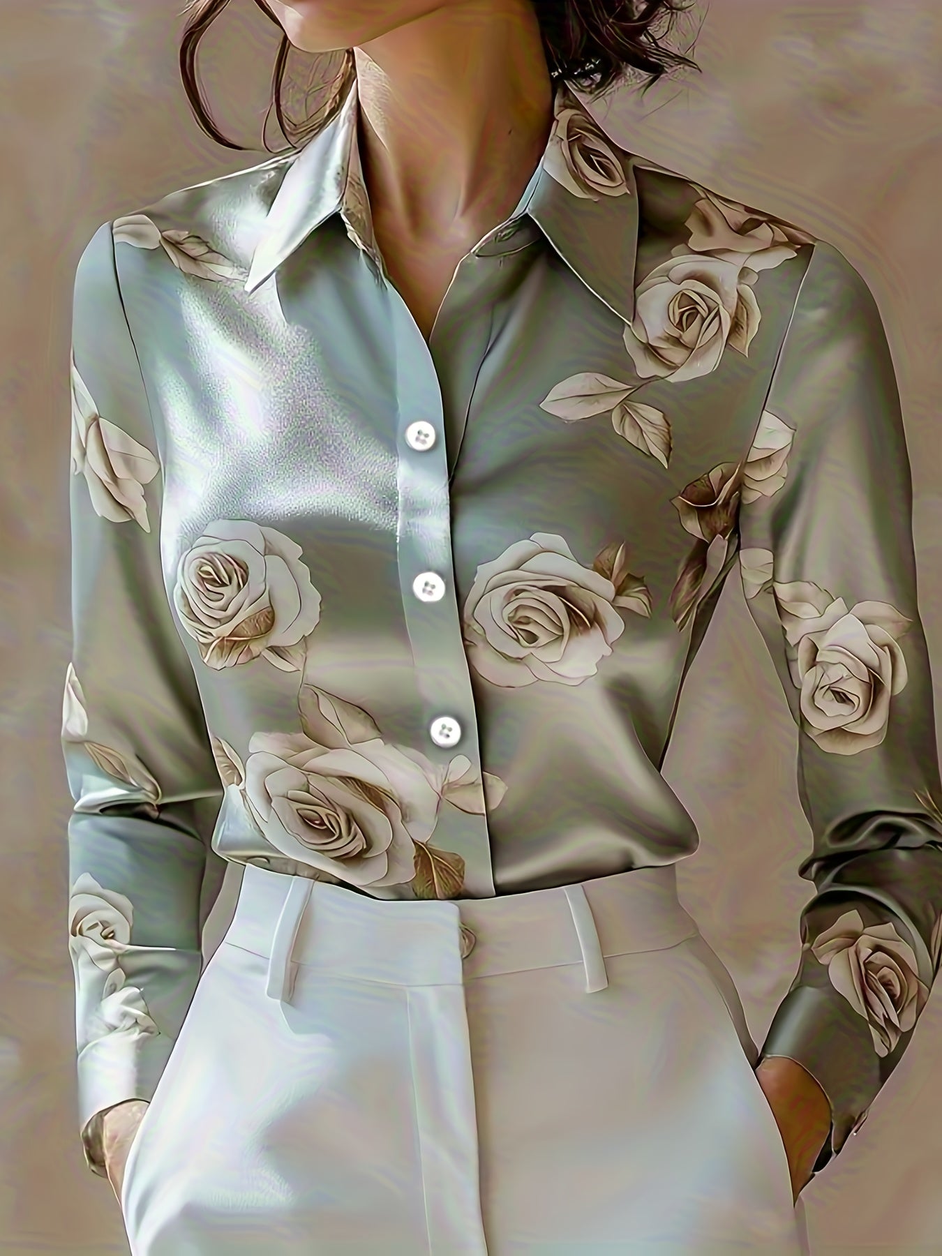 Satin Print Lapel Button Shirt