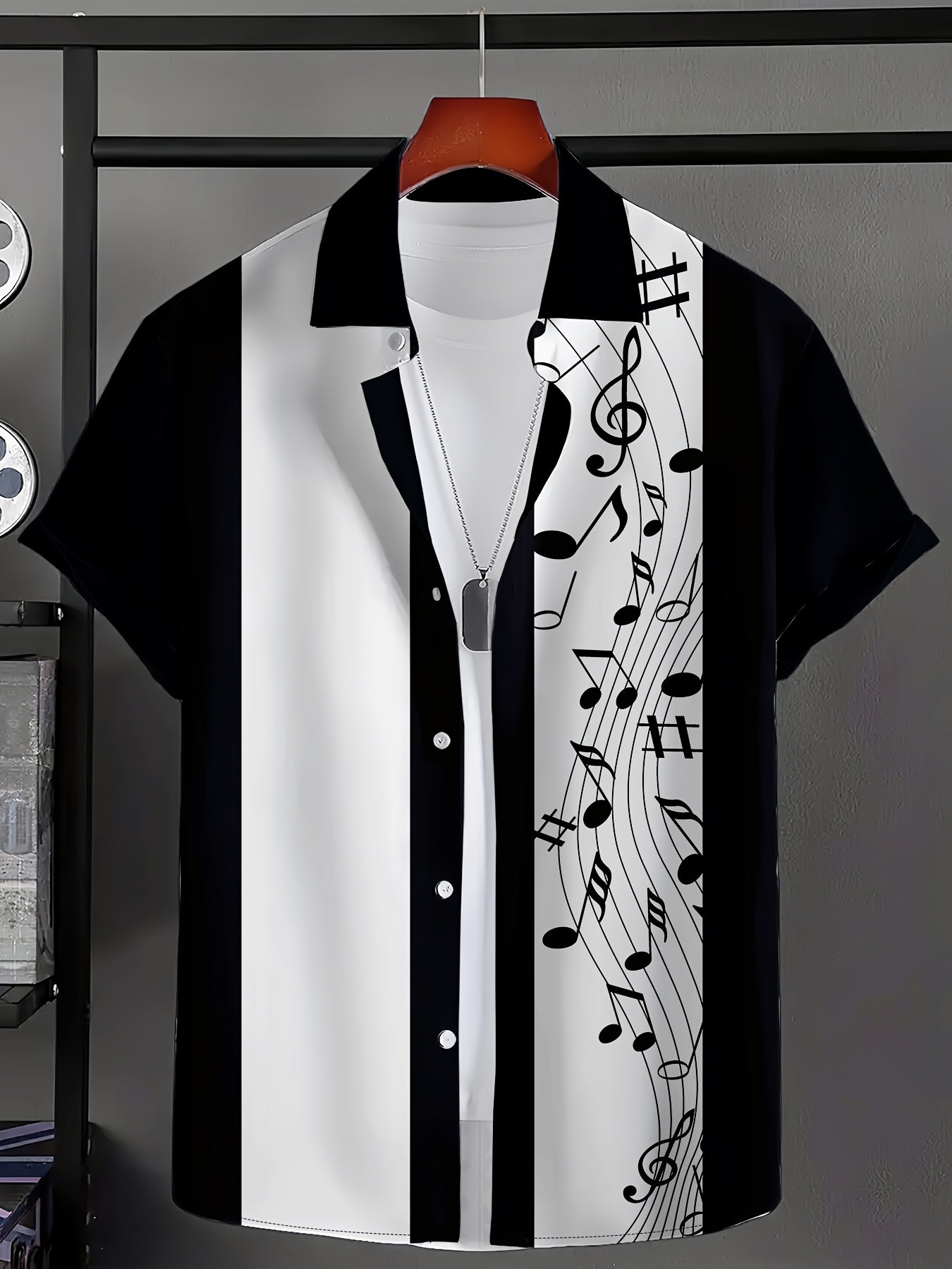 Music Tone Pattern Short Sleeve Button-Up Shirt