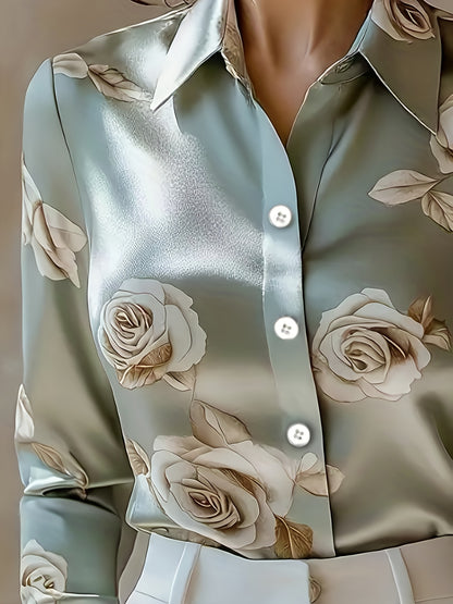 Satin Print Lapel Button Shirt