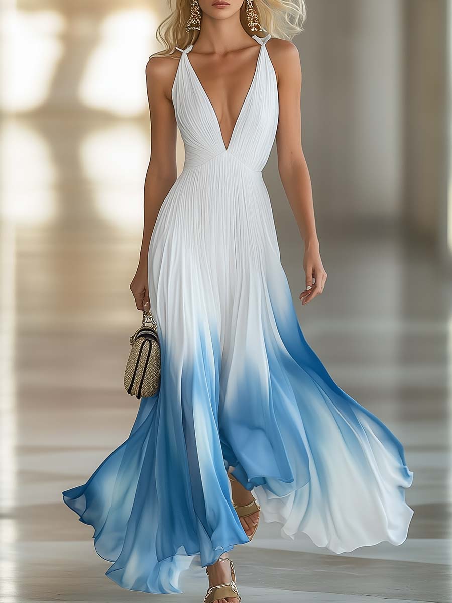 Blue Gradient Chiffon Maxi Dress