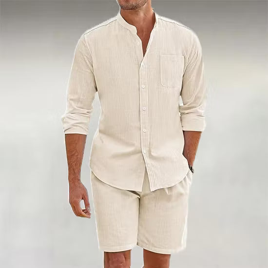 Men's Linen Stand Collar Casual Long Sleeve Shirt & Shorts 2Pcs Set