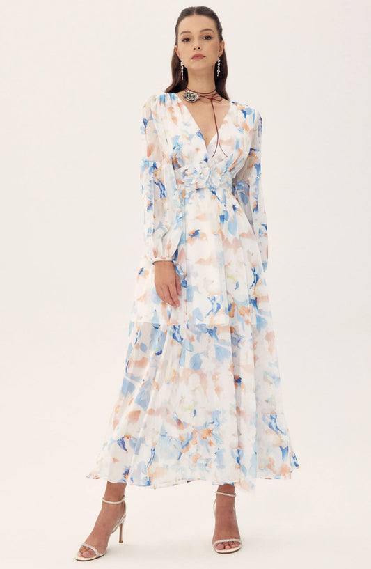 Shirley Chiffon Midi Dress | Printed Garden Look - sunfere
