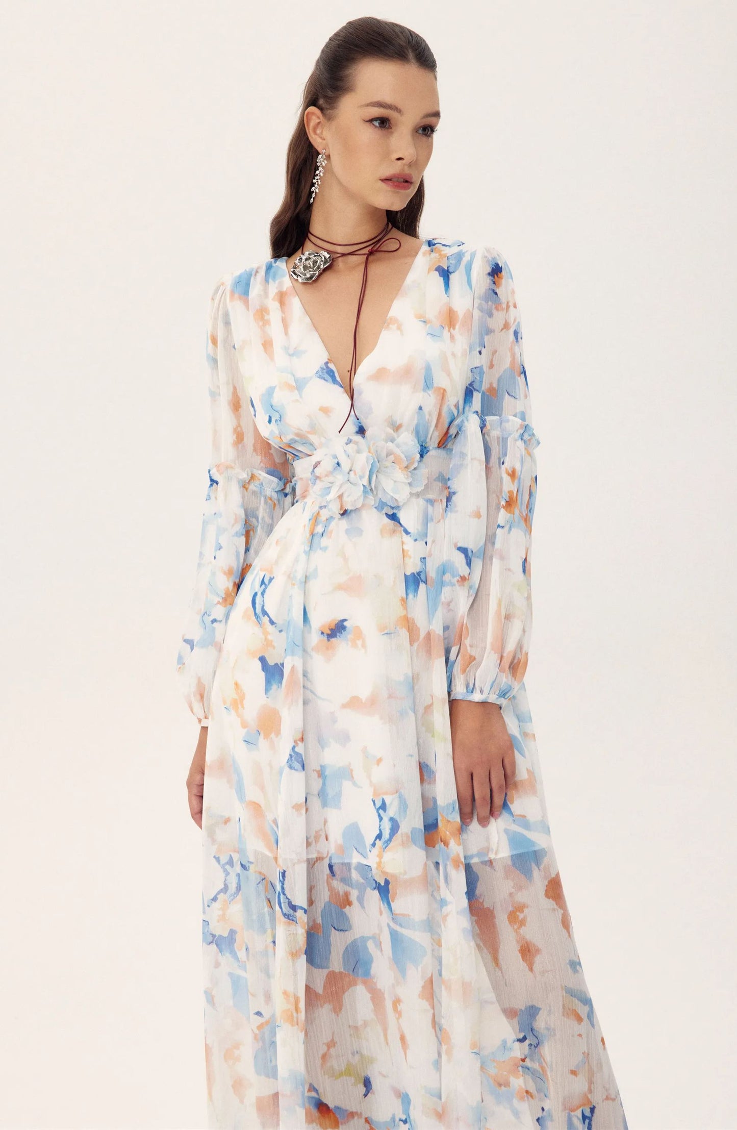 Shirley Chiffon Midi Dress | Printed Garden Look - sunfere