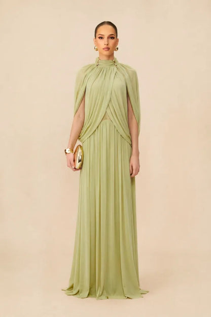Twilight Whispers Luxe Draped Cape Sleeve Maxi Dress