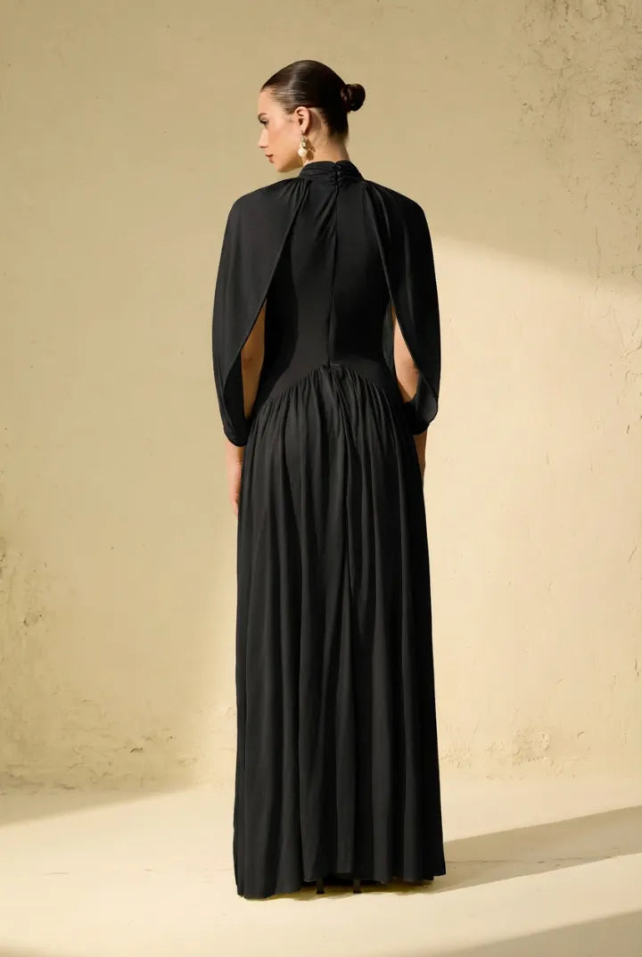 Twilight Whispers Luxe Draped Cape Sleeve Maxi Dress