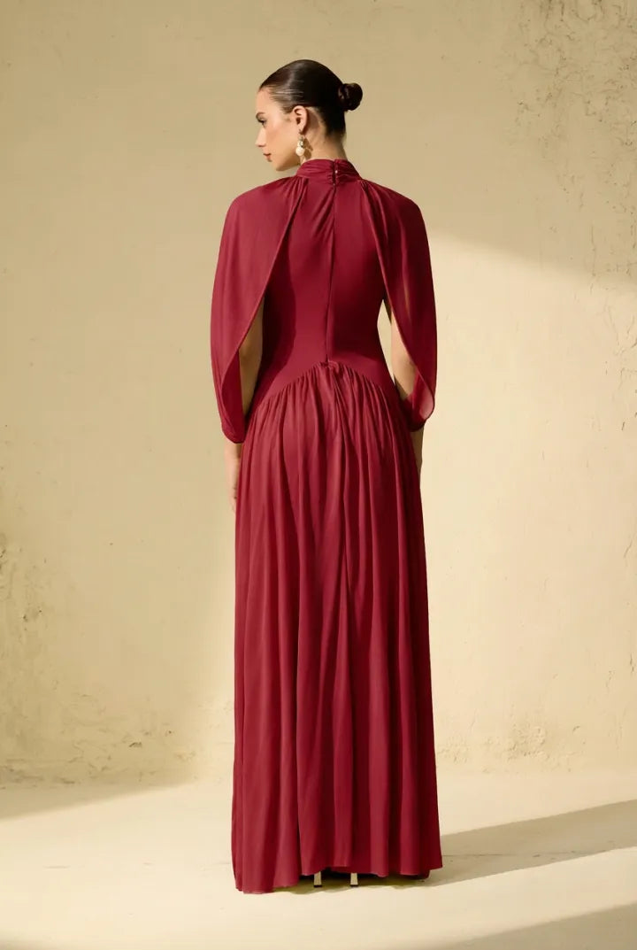Twilight Whispers Luxe Draped Cape Sleeve Maxi Dress
