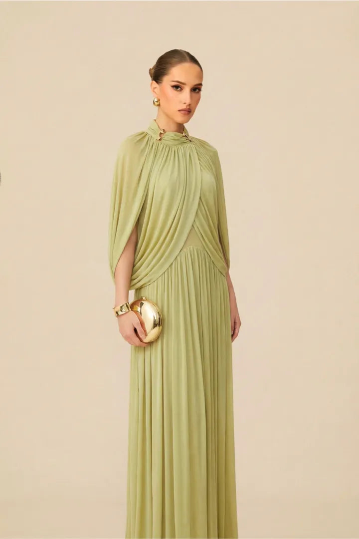 Twilight Whispers Luxe Draped Cape Sleeve Maxi Dress