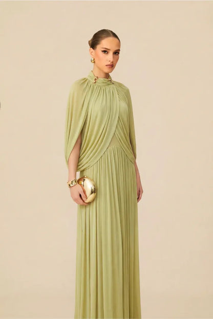 Twilight Whispers Luxe Draped Cape Sleeve Maxi Dress