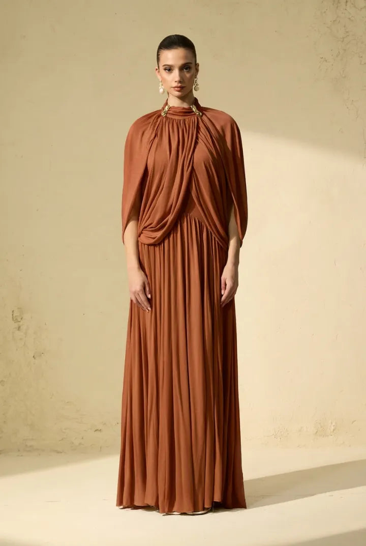 Twilight Whispers Luxe Draped Cape Sleeve Maxi Dress