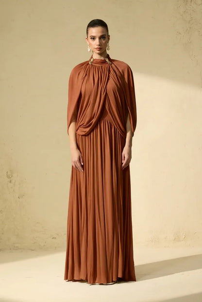 Twilight Whispers Luxe Draped Cape Sleeve Maxi Dress
