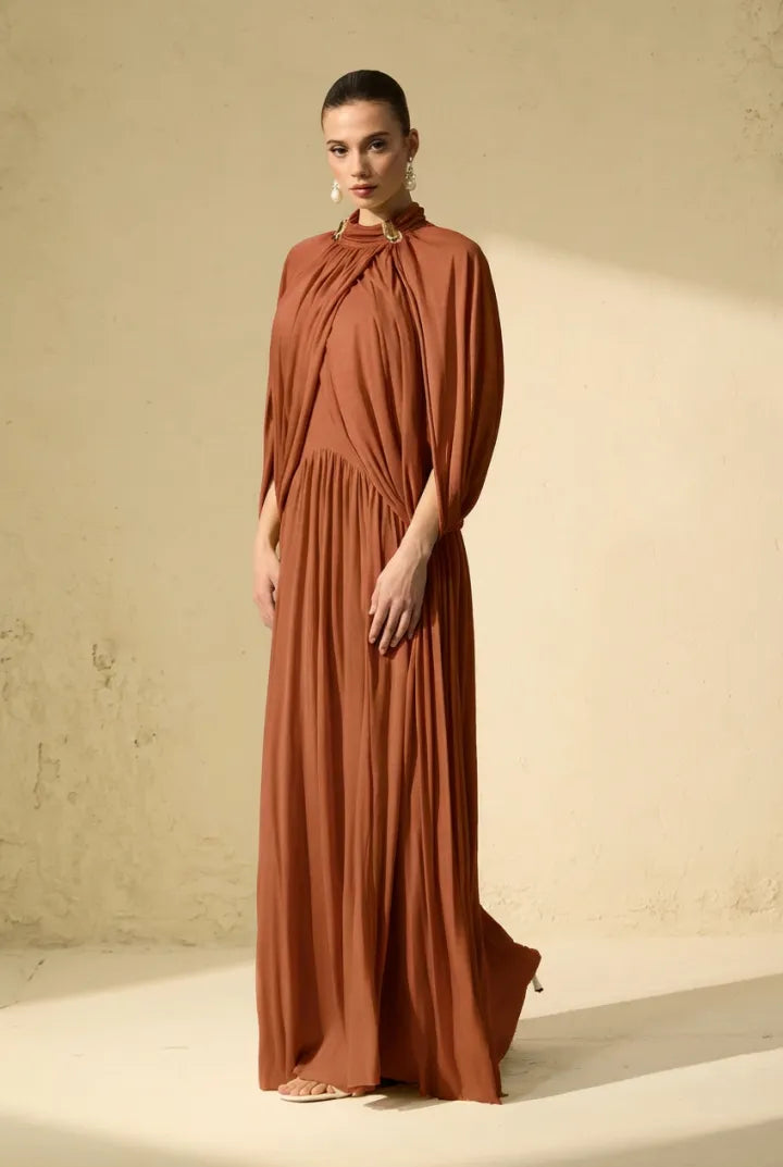 Twilight Whispers Luxe Draped Cape Sleeve Maxi Dress