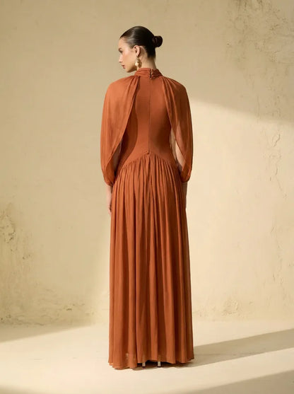Twilight Whispers Luxe Draped Cape Sleeve Maxi Dress