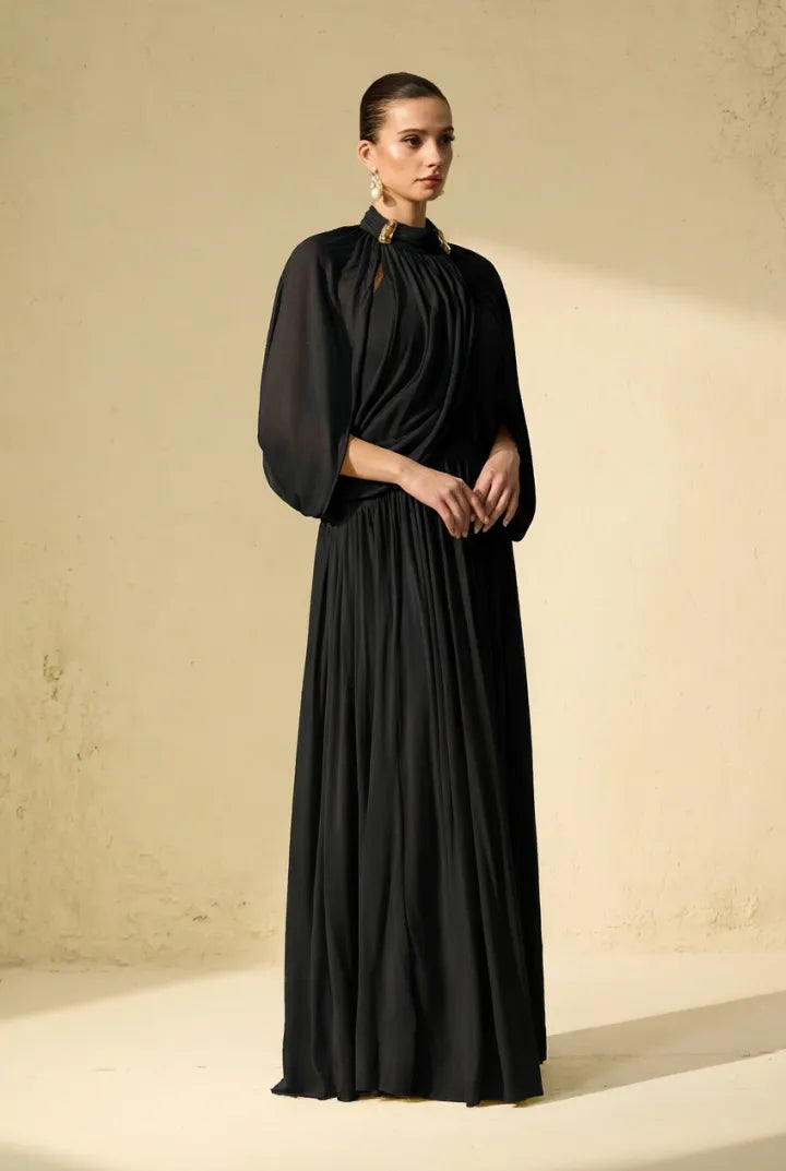 Twilight Whispers Luxe Draped Cape Sleeve Maxi Dress