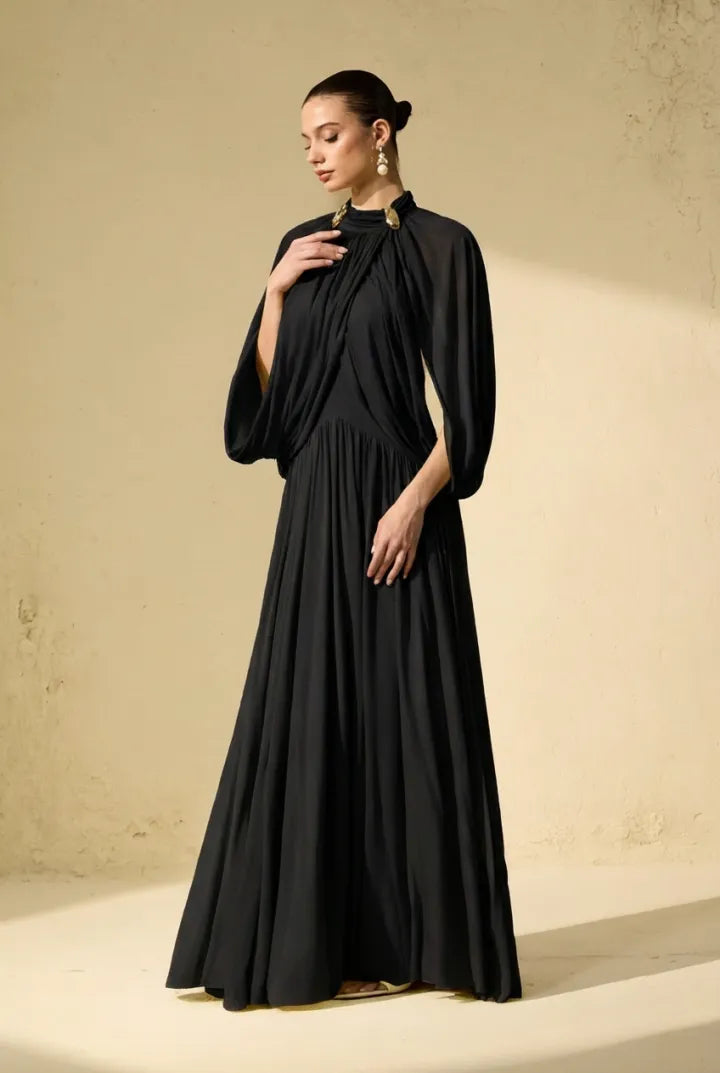 Twilight Whispers Luxe Draped Cape Sleeve Maxi Dress