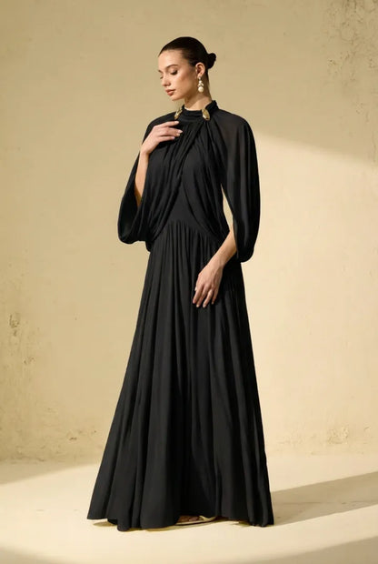 Twilight Whispers Luxe Draped Cape Sleeve Maxi Dress