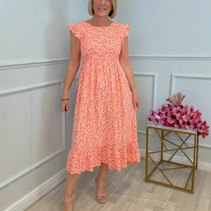 Elegant Floral Print High-Waisted Ruffle Sleeve Dress