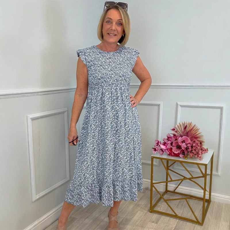 Elegant Floral Print High-Waisted Ruffle Sleeve Dress