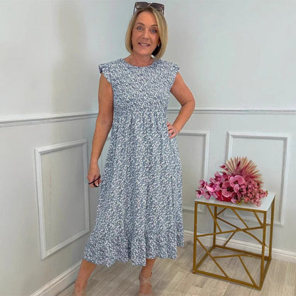 Elegant Floral Print High-Waisted Ruffle Sleeve Dress