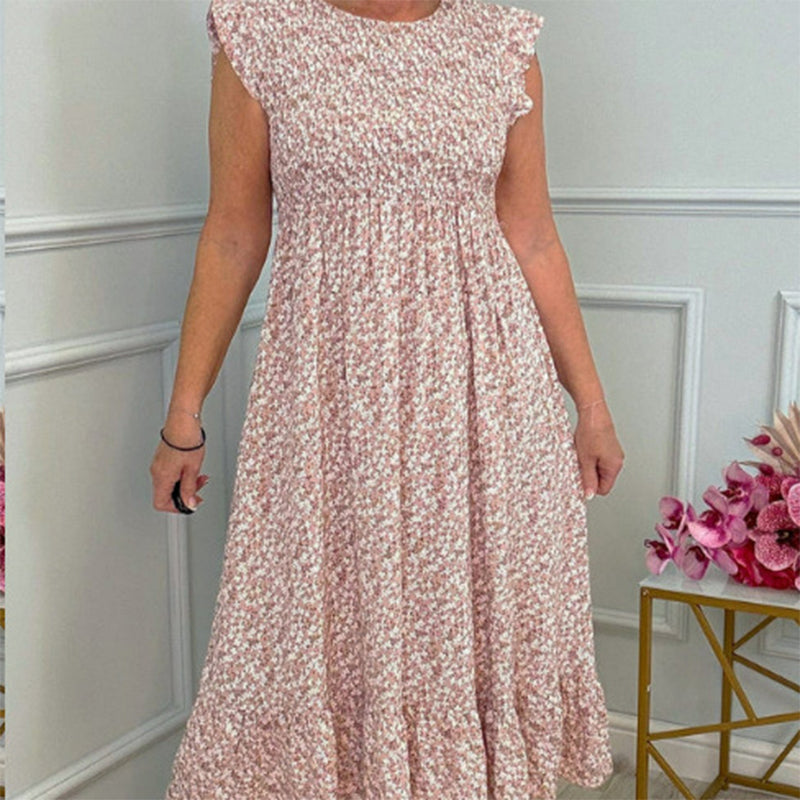 Elegant Floral Print High-Waisted Ruffle Sleeve Dress